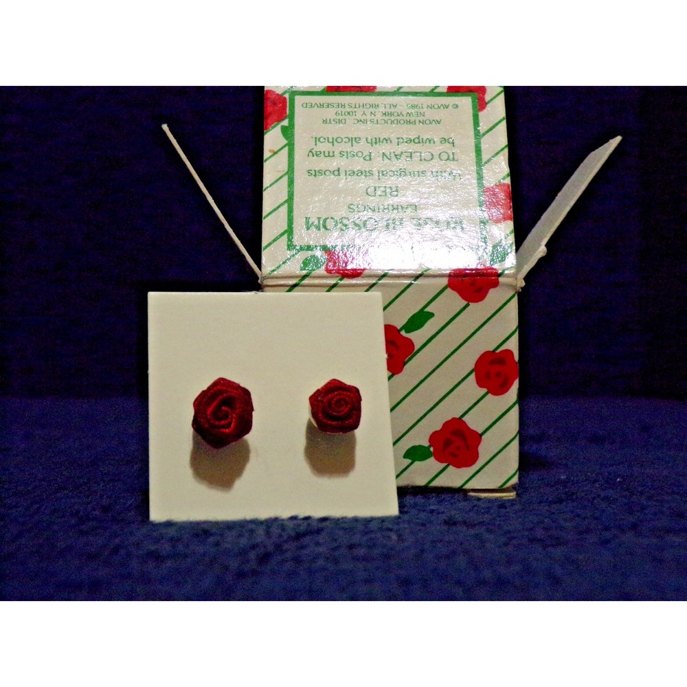 Avon 1985 Rose Red Blossom Pierced Earrings Silvertone Surigcal Steel Orig. Box